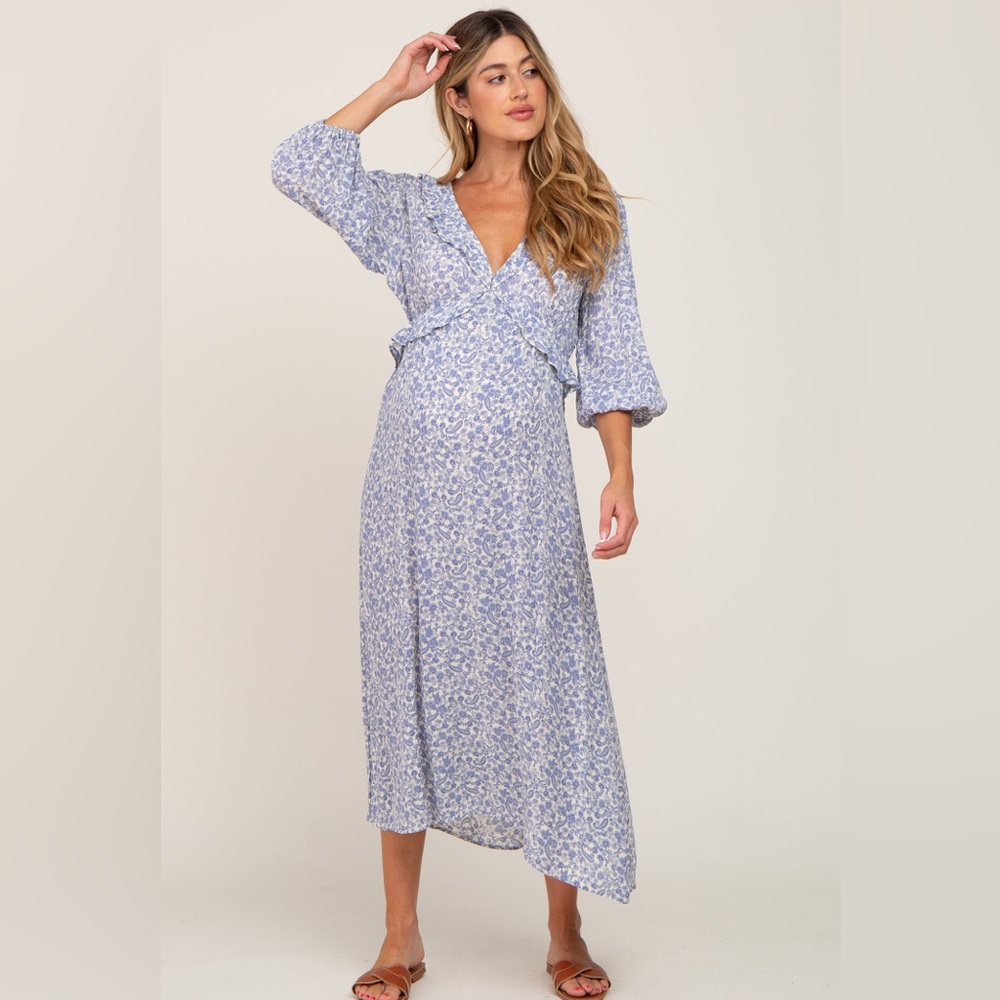 Blue Floral Ruffle V-Neck Maternity Midi Dress
